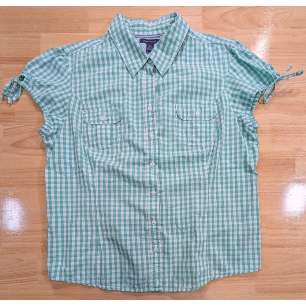 Tommy Hilfiger Blouse Womens XL Gingham Plaid Short Sleeve Cinch Green White